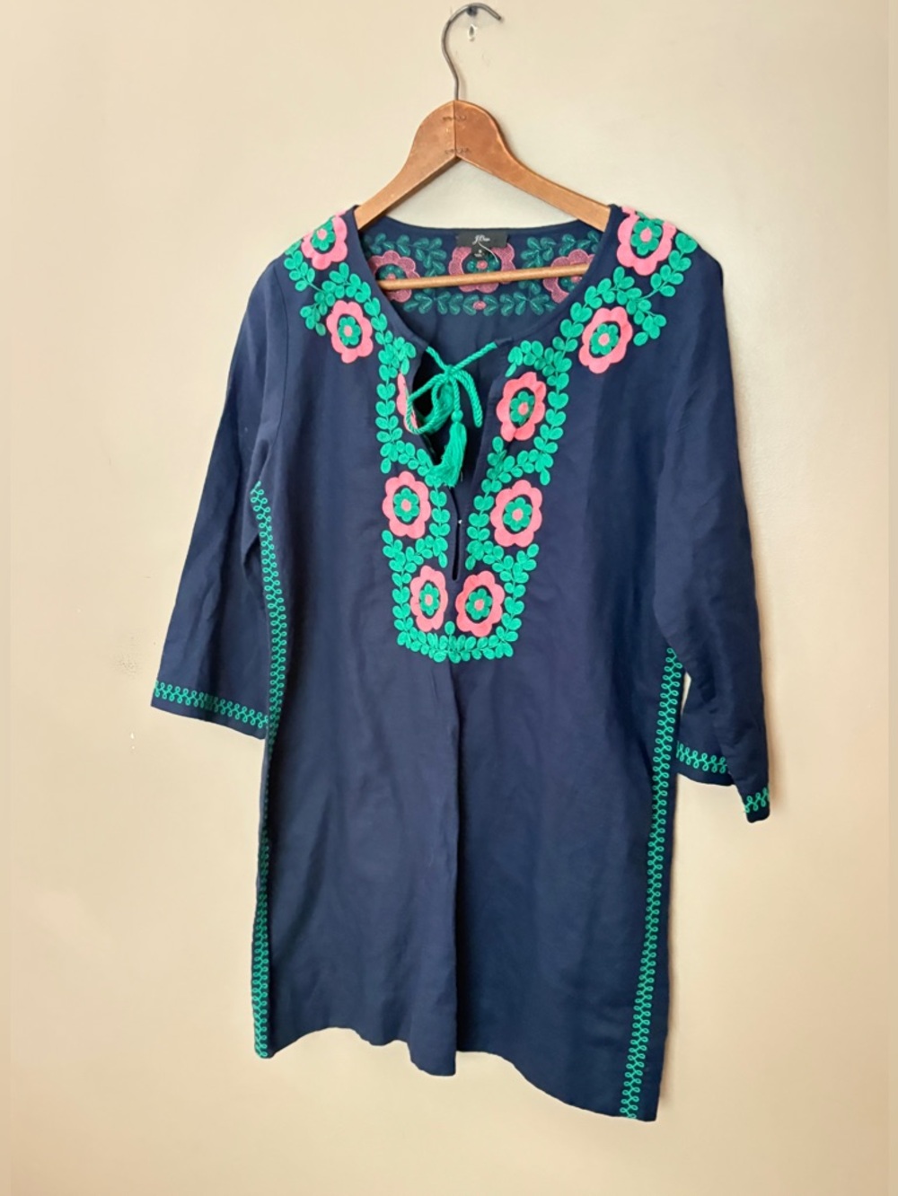 J. Crew swimsuit cover up navy blue tunic pink flower embroidery sz S NWOT